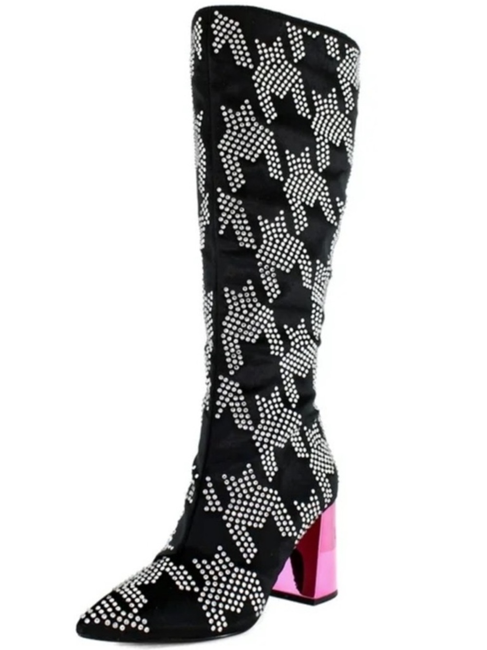 Betsey Johnson Naomy Rhinestone Houndstooth pink block heelTall Boots 6 NWOT - Picture 3 of 14